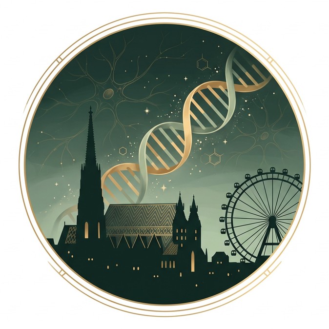 Illustration of a DNA double helix above the Vienna skyline with St. Stephen's Cathedral and the Riesenrad