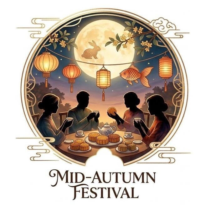 Illustration of friends sharing mooncakes under lanterns and a full moon